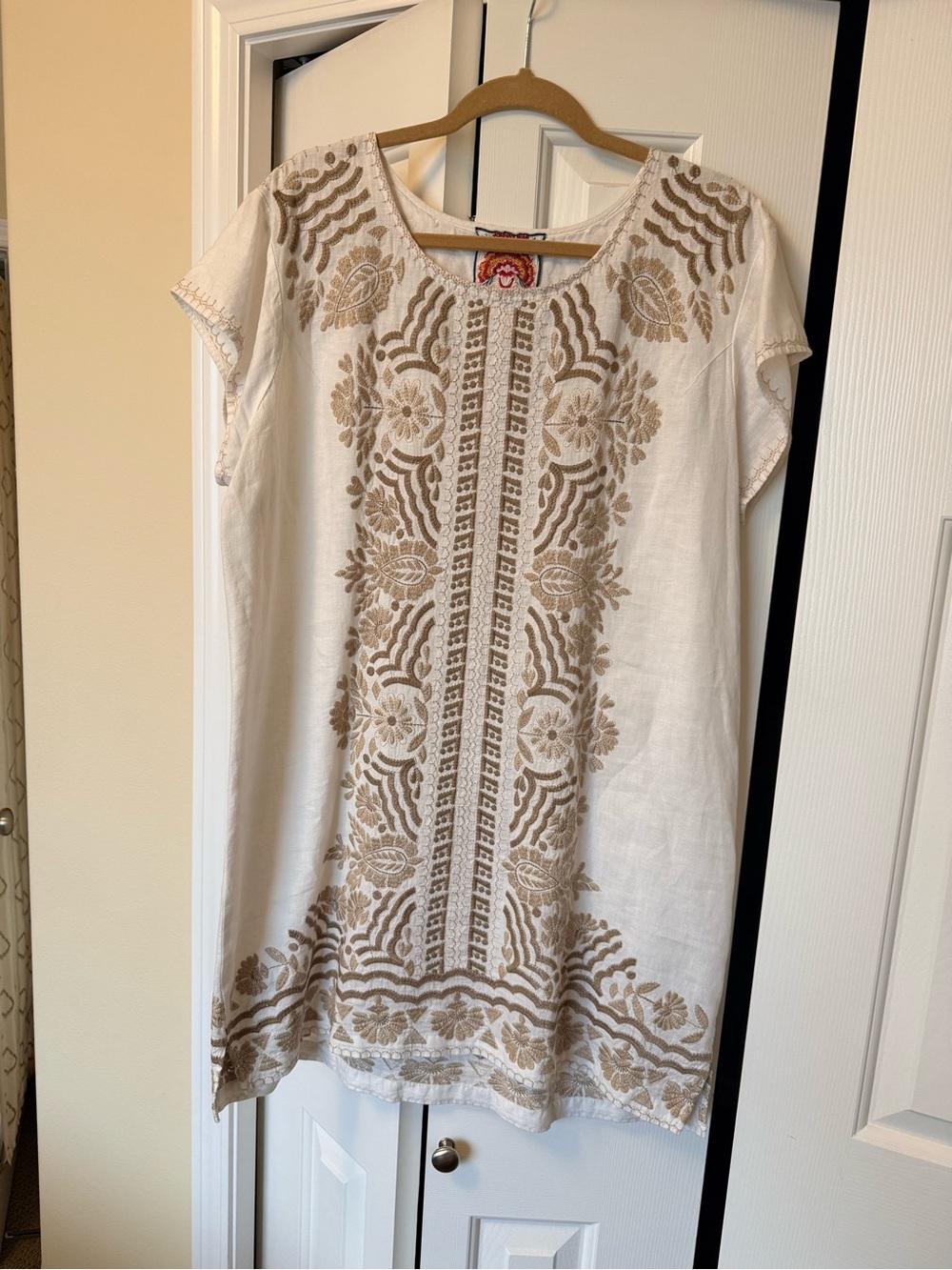 Johnny Was White Mini Dress with Tan Embroidered Floral Panels
